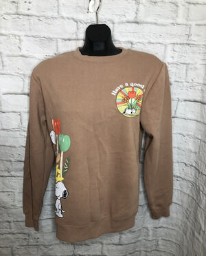 PEANUTS SNOOPY WOODSTOCK Have A Good Day Fleece Tan Sweatshirt Size Small NWT